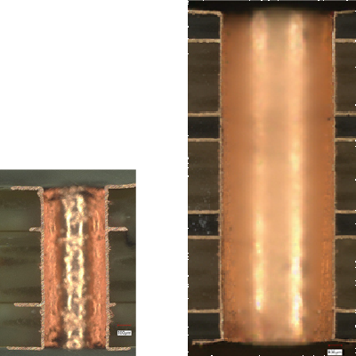 Microscopic cross-sections of 4-layer and 8-layer VIAs